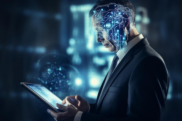 AI deep learning data mining and modern computer technology in a futuristic setting