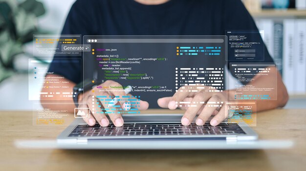ai developer coding on laptop and tablet virtual interface data visualization and programming code