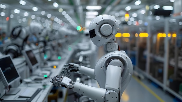 AI engineer operates robotic arms in a cuttingedge factory for industrial automation Concept Robotic Automation AI Engineering Advanced Manufacturing Factory Operations Industrial Robotics