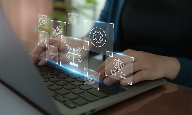 AI ethics or AI Law concept Developing AI codes of ethics Compliance regulation standard business policy and responsibility for guarding against unintended bias in machine learning algorithms