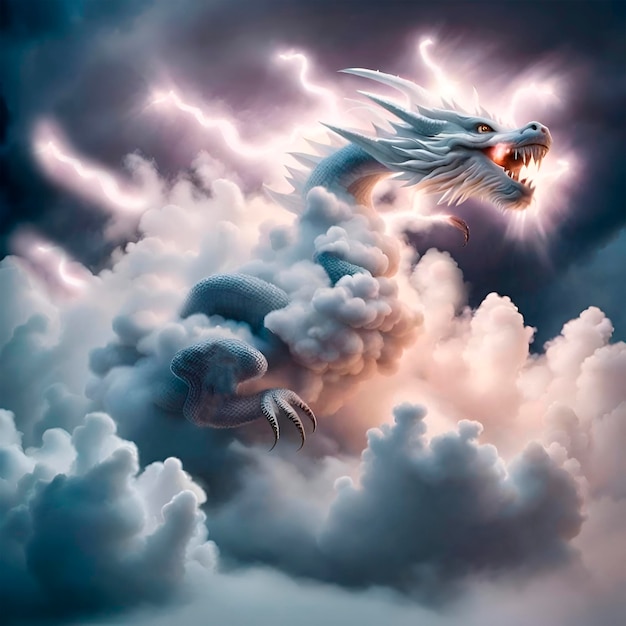 Photo ai of of the flutty colossal cloud dragon ghost like spirit emerging out of the clouds