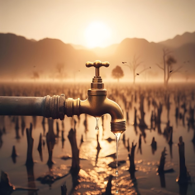 AI of a foreground of brass bib tap little water dripping with background of global disaster