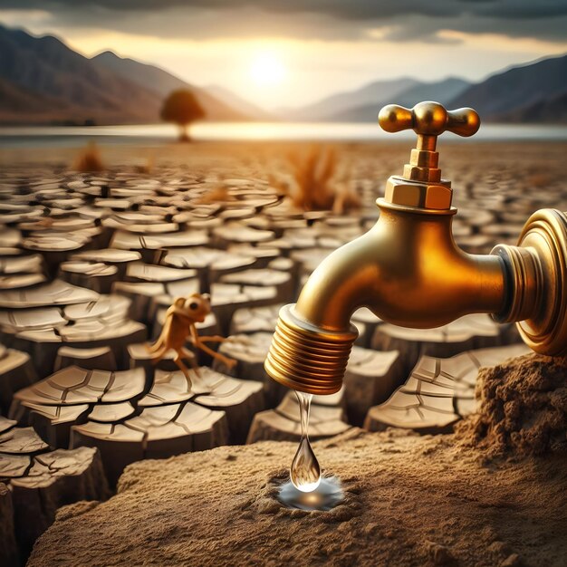 AI of a foreground of brass bib tap little water dripping with background of global disaster