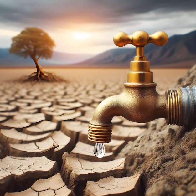 Photo ai of a foreground of brass bib tap little water dripping with background of global disaster