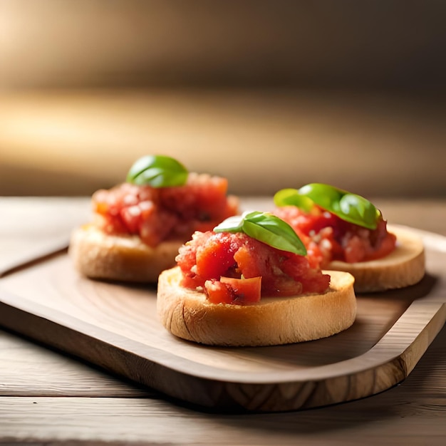 Ai foto illustratie van een heerlijke bruschetta op een houten plank in een rustieke keuken met natuurlijk