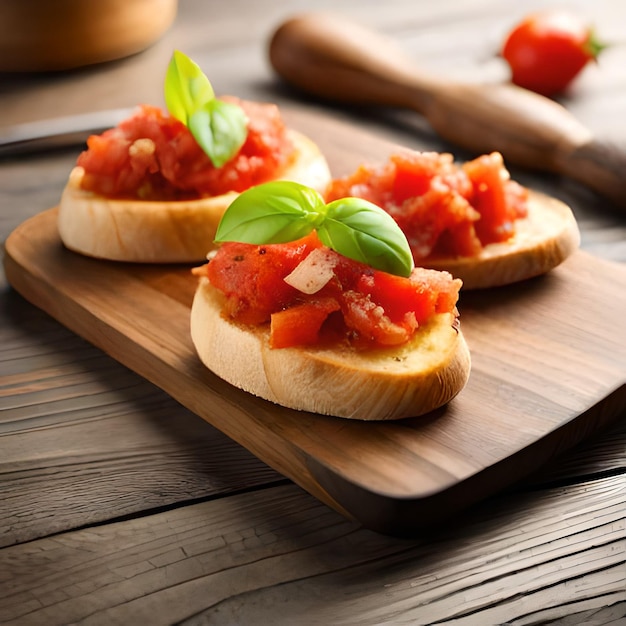 Ai foto illustratie van een heerlijke bruschetta op een houten plank in een rustieke keuken met natuurlijk