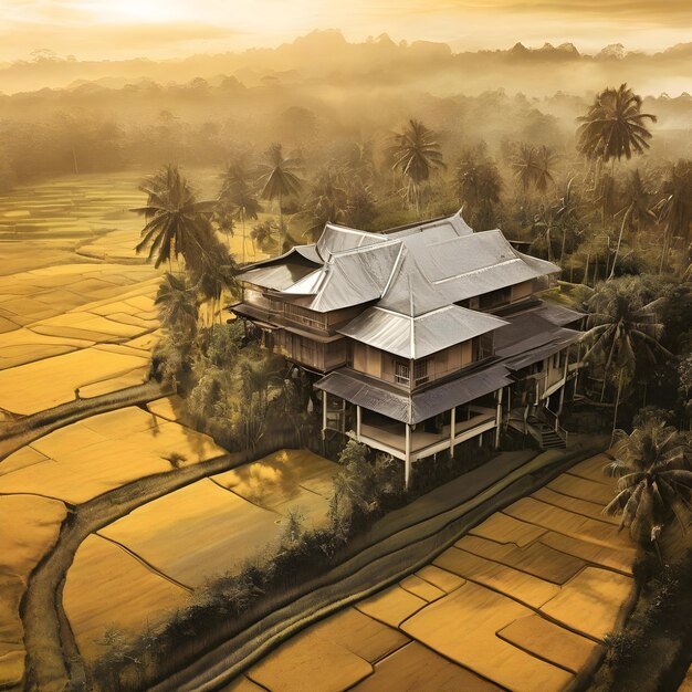 AI of fractal art synthography old traditional malay house at paddy field at golden hour