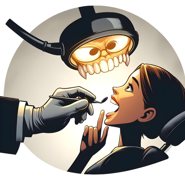 AI of funny caricature scene of dentists hand extract patients tooth in silhouette