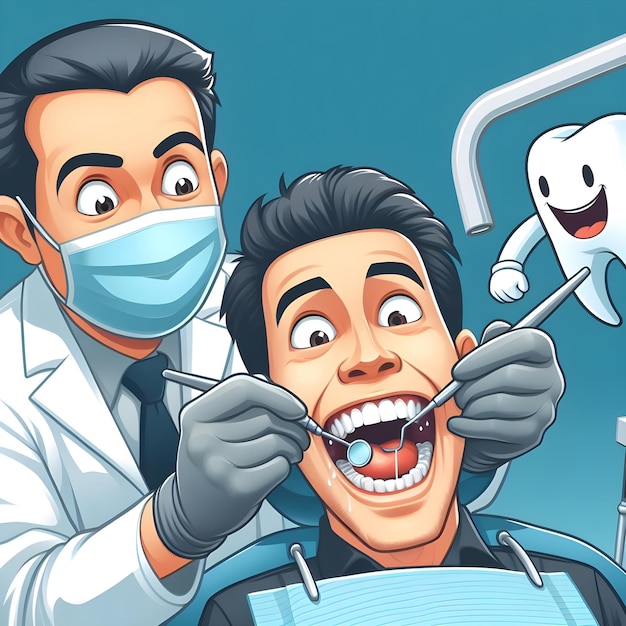 AI of funny caricature scene of dentists hand extract patients tooth in silhouette