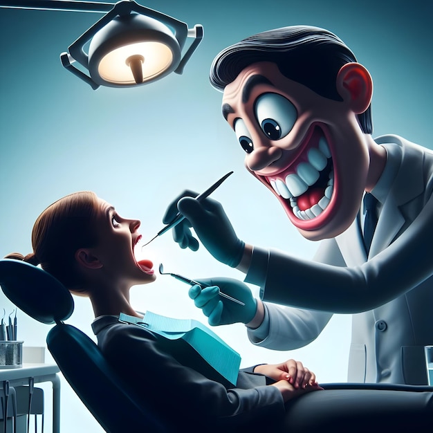 AI of funny caricature scene of dentists hand extract patients tooth in silhouette