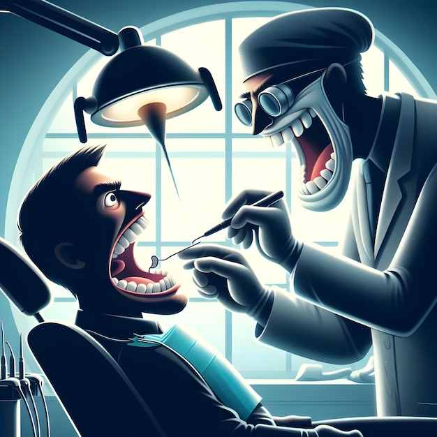 AI of funny caricature scene of dentists hand extract patients tooth in silhouette