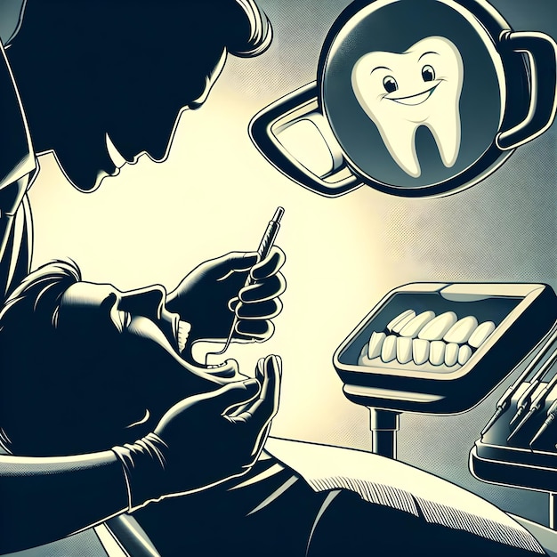 AI of funny caricature scene of dentists hand extract patients tooth in silhouette