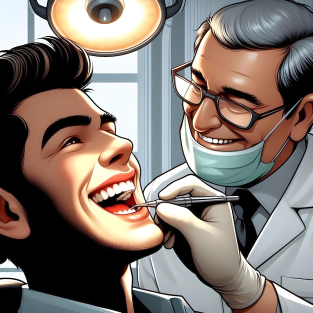 AI of funny caricature scene of dentists hand extract patients tooth in silhouette