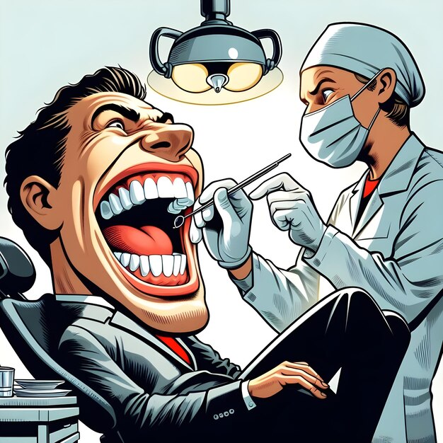 AI of funny caricature scene of dentists hand extract patients tooth in silhouette