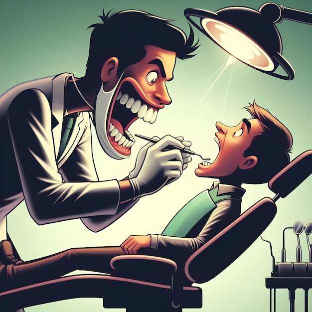 Photo ai of funny caricature scene of dentists hand extract patients tooth in silhouette