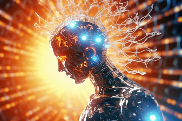 미래의 스마트하고 빛나는 사이버 공간 사이보그 두뇌의 AI