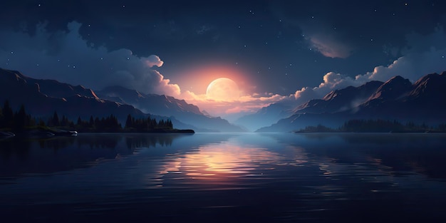 AI gegenereerd AI generatief avond nacht natuur buiten landschap achtergrond volle maan en bergen Grafische kunst