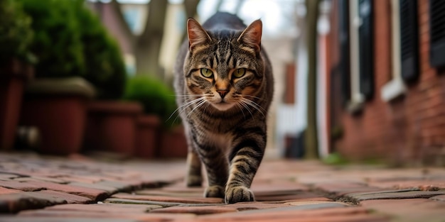 AI gegenereerd AI generatief Een eenzame kat huisdier die op straat loopt stad stedelijke achtergrond