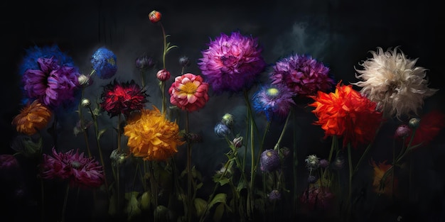 AI Gegenereerd AI Generatief Mooie geschilderde olieverftekening bloemen Esthetische stijl geïnspireerd door donkere stemming Tim Burton vibe Grafische kunst