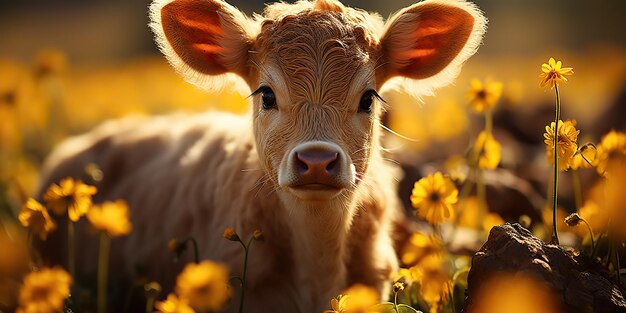 AI gegenereerd AI generatief Mooie jonge kleine kalf op een zonnebloemveld bij zonsondergang Natuurlandschap boerderij koe dier vibe Grafische kunst