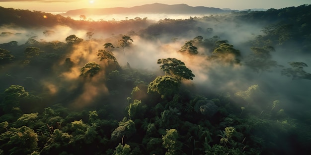 AI Gegenereerd AI Generatief Prachtig groen Amazonewoudlandschap bij zonsondergang zonsopgang