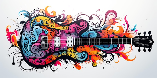 AI Gegenereerd AI Generatief Teken verfschets aquarel muisc gitaar met kleurplons