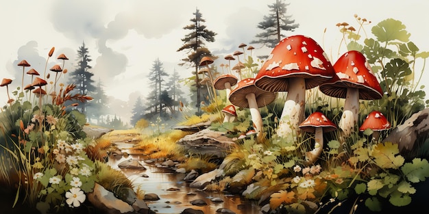 AI gegenereerd AI generatief tekenen verf aquarel schetsen paddenstoelen decoratie achtergrond