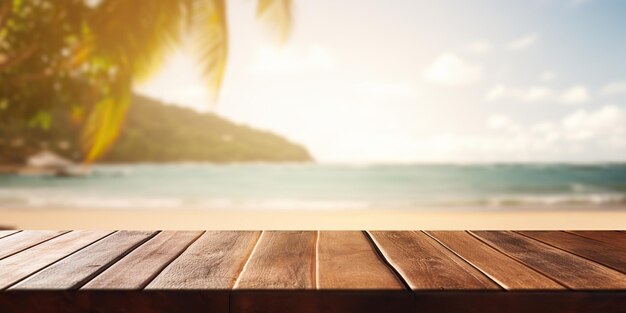 AI gegenereerd AI generatieve lege houten tafel mockup vakantie palmen natuurreis