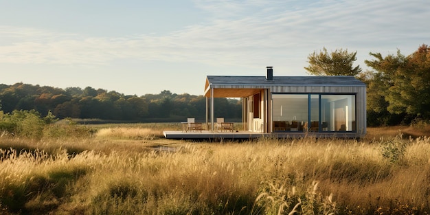 AI gegenereerd AI generatieve natuur buiten eenzaam minimaal houten huis in geel herfst landbouwveld avontuur vakantie op het platteland achtergrond ontspannende sfeer grafische kunst