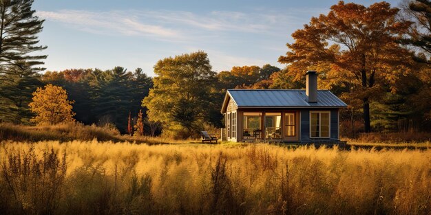 AI gegenereerd AI generatieve natuur buiten eenzaam minimaal houten huis op het veld