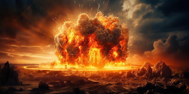 Foto ai gegenereerd ai generatieve nucleaire atoomexplosie boom paddenstoel vuur vlam rook