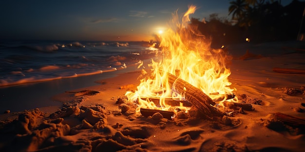 AI gegenereerd AI Generatieve zonsondergang avond nacht vreugdevuur kampvuur vuur hout aan de kust van de zee oceaan