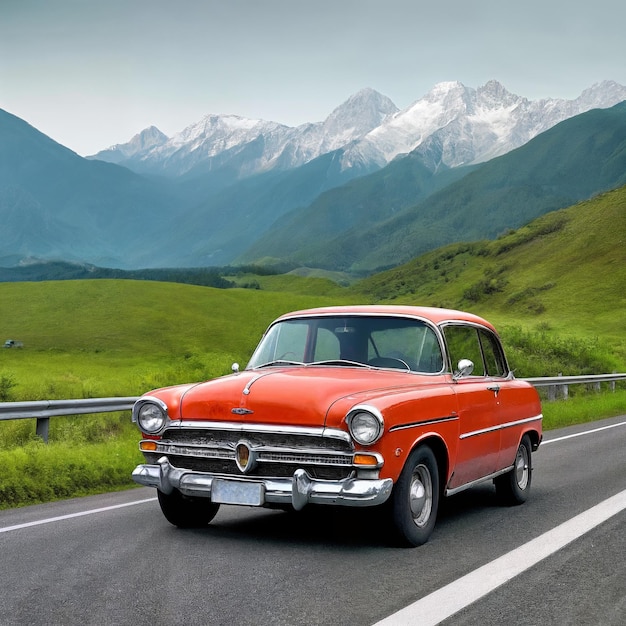 Ai gegenereerd beeld van oldtimer auto op de weg met bergen op de achtergrond