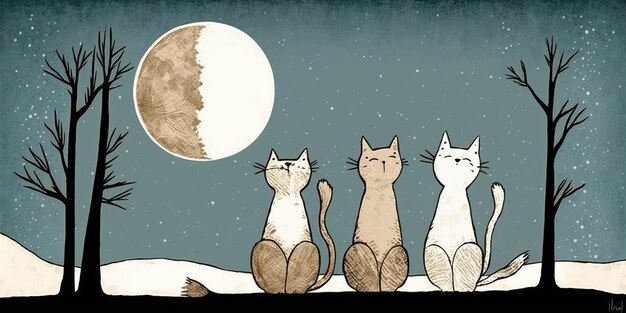 AI gegenereerd Cartoon illustratie van katten die naar de maan kijken Geïnspireerd door Jon Klassen AI Generative