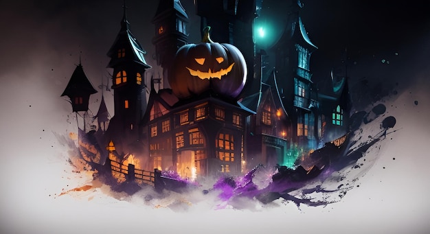 AI gegenereerd halloween thema element pompoen nacht stad illustratie splash kunst achtergrond