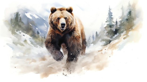 AI gegenereerd hyperrealistische aquarel kunstwerk van Magnificent Bear in ruige berglandschap Fine...