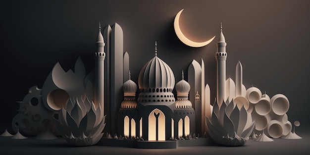 Ai gegenereerd illustratie feestelijke wenskaart voor islamitische heilige maand Ramadan Kareem met moskee en halve maan