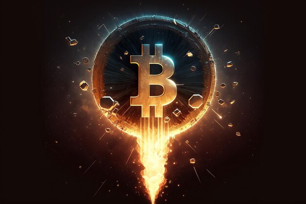 Ai gegenereerd Illustratie Gloeiende bitcoin vliegt als een raket