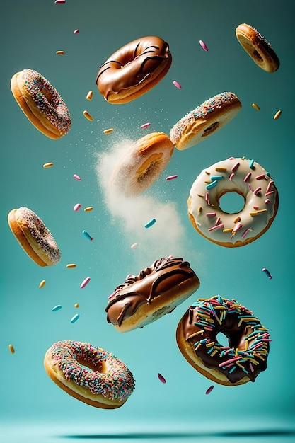 Ai gegenereerd Illustratie vliegende kleurrijke donuts