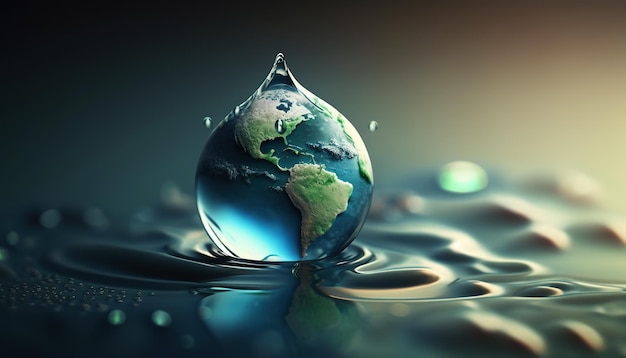 Ai gegenereerd illustratie Wereld Water Dag concept met wereld in schoon water druppel op en zoet water