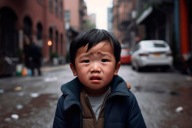 AI gegenereerd portret van openhartige authentieke angst Aziatische kleine jongen op stedelijke straatachtergrond