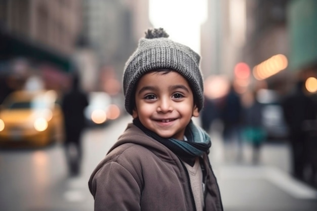 AI gegenereerd portret van openhartige, authentieke, vrolijke, gelukkige moslimkindjongen op stedelijke straatachtergrond