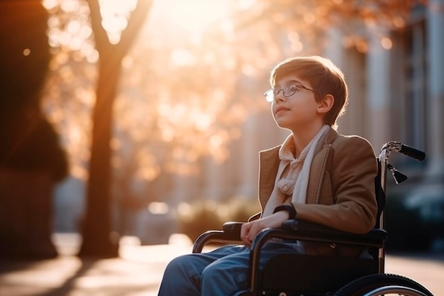 AI gegenereerd portret van oprechte authentieke vrolijke gelukkige gehandicapte kind jongen in rolstoel buiten vallen