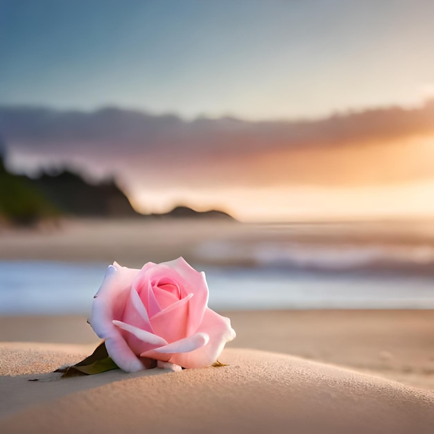 Ai gegenereerd roze kleur roos foto is in het water op een strand