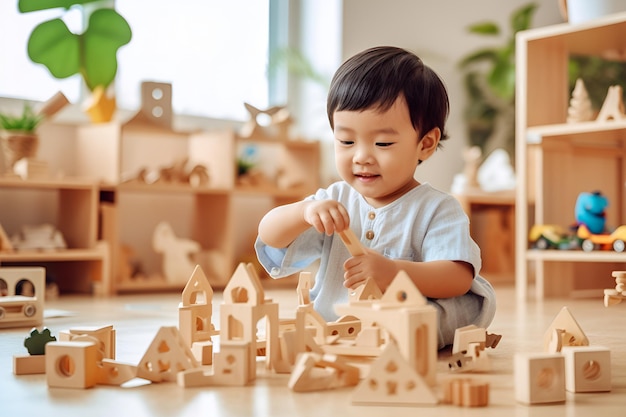 Ai gegenereerd Schattig klein kind dat speelt in het ontwikkelingscentrum voor montessori-kinderen