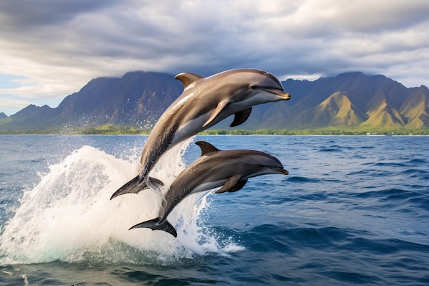 Foto ai gegenereerd speelse dolfijnen springen over brekende golven hawaii pacific ocean