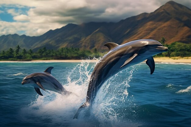 Foto ai gegenereerd speelse dolfijnen springen over brekende golven hawaii pacific ocean