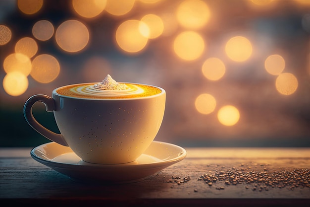AI gegenereerd van hot art latte koffie in kopje op houten tafel en coffeeshop wazige achtergrond