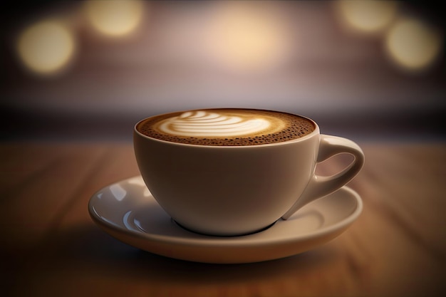 AI gegenereerd van hot art latte koffie in kopje op houten tafel en coffeeshop wazige achtergrond