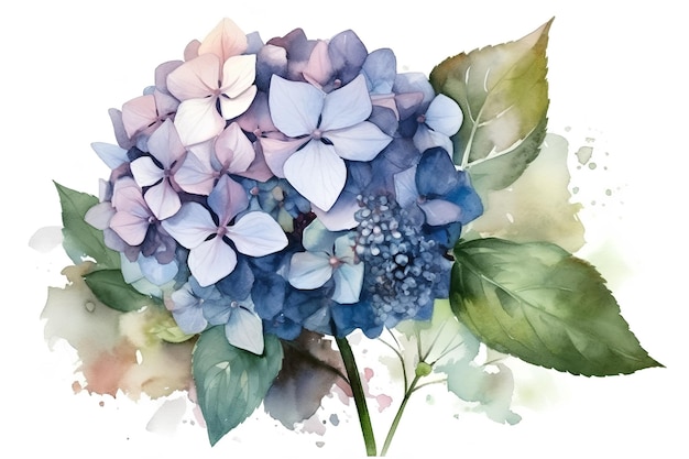 AI gegenereerd Waterverf hortensia lila hortensia op een witte achtergrond